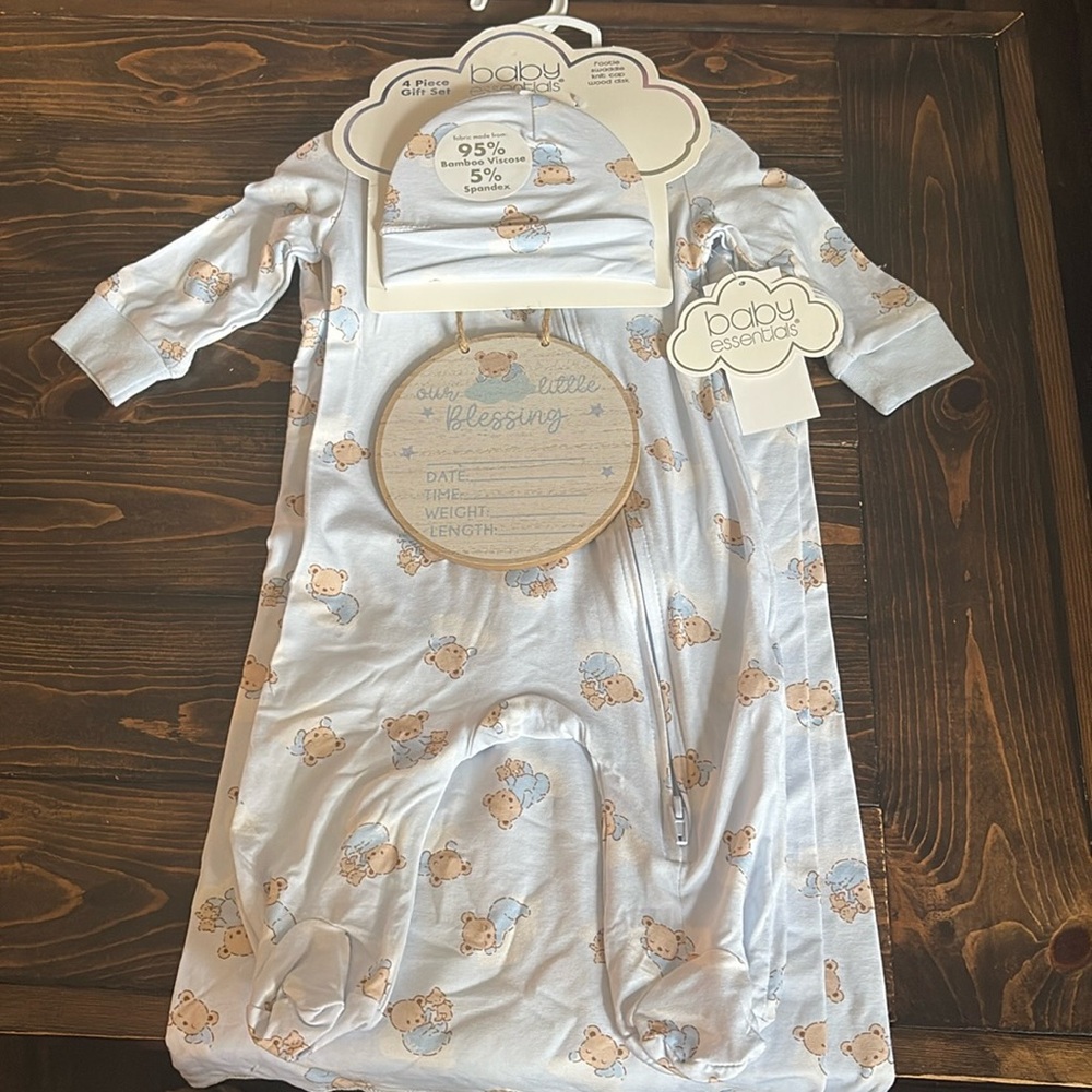 NWT Bear swaddle, cap, pajamas and wood disk